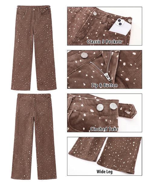 GRAPENT Straight Leg Jeans for Women Deer Print High Waisted Denim Pants Adjustable Cinched Waist, Stretchy, Allover Speckled Print, Full Length, 29.5" Inseam, Country Concert, Casual Daily Wear