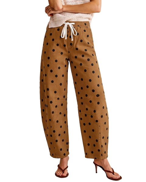 GRAPENT Barrel Womens Jeans High Rise Polka Dot Pull On Stretch Denim Pants | Cropped Jeans for Women, Elastic Waist with Drawstring, High Waisted, 27 Inch Inseam, Dressy Casual Outfit, Casual Daily Wear
