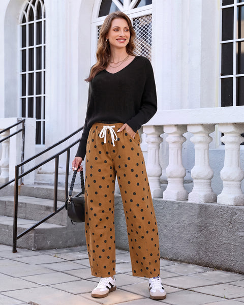 GRAPENT Barrel Womens Jeans High Rise Polka Dot Pull On Stretch Denim Pants | Cropped Jeans for Women, Elastic Waist with Drawstring, High Waisted, 27 Inch Inseam, Dressy Casual Outfit, Casual Daily Wear
