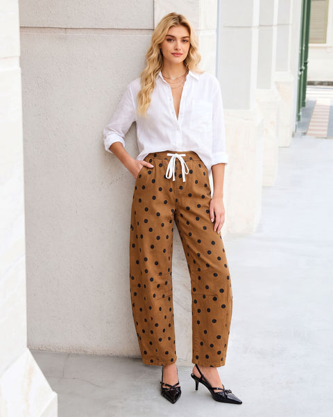 GRAPENT Barrel Womens Jeans High Rise Polka Dot Pull On Stretch Denim Pants | Cropped Jeans for Women, Elastic Waist with Drawstring, High Waisted, 27 Inch Inseam, Dressy Casual Outfit, Casual Daily Wear