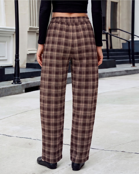 GRAPENT Barrel Pants Women Trendy Plaid High Waisted Pull On Ankle Trousers | Tapered Wide Leg Style, Elastic Waist with Adjustable Drawstring, Front Pockets, Work Office, Casual Fall Street Outfits