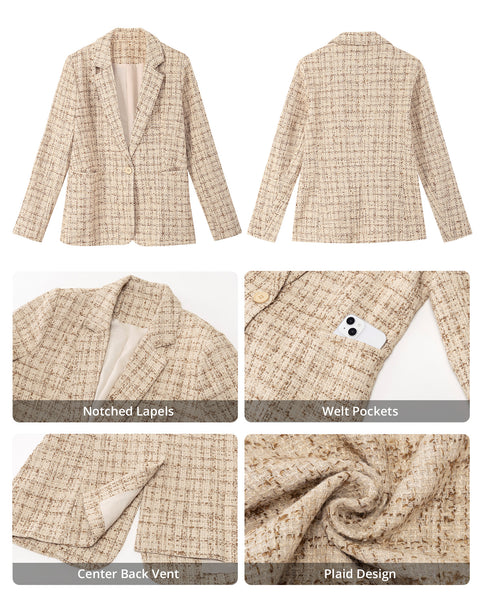 GRAPENT Tweed Blazers for Women Plaid Jacket Long Sleeve Work Casual Blazer | Notched Lapel, Fully Lined, Shoulder Pads, Single Button, 2 Pockets, Interview, Office outfits, Business Casual Blazers