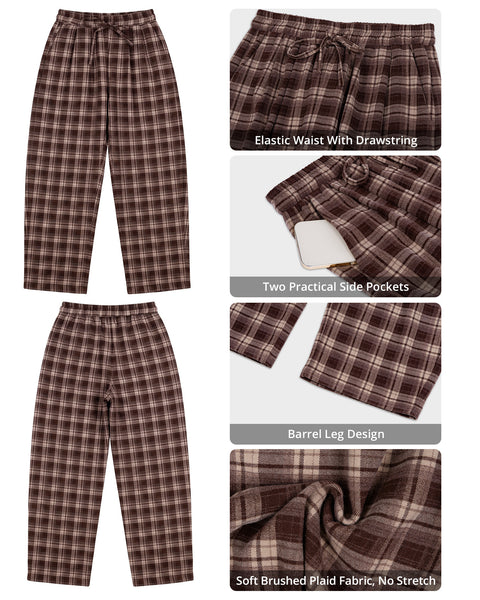 GRAPENT Barrel Pants Women Trendy Plaid High Waisted Pull On Ankle Trousers | Tapered Wide Leg Style, Elastic Waist with Adjustable Drawstring, Front Pockets, Work Office, Casual Fall Street Outfits
