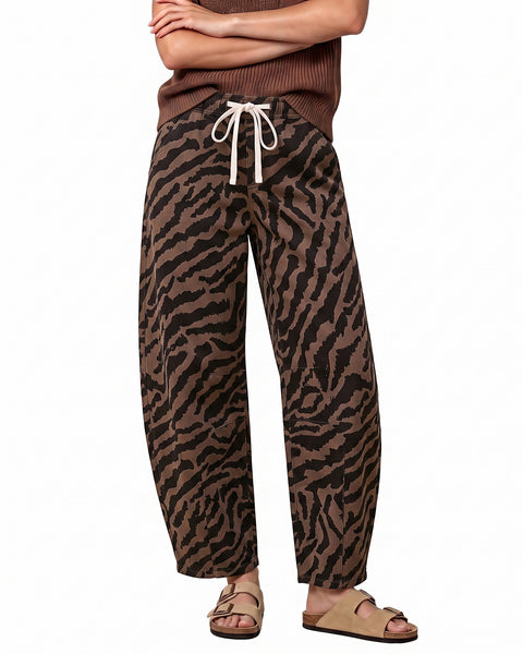GRAPENT Barrel Jeans for Women High Waisted Pull On Baggy Zebra Print Pants | Curved Barrel-Leg Silhouette, Drawstring Elastic Waist, Stretchy Denim, 27'' Inseam, Cropped Jeans, Loose Fit, Weekend Casual
