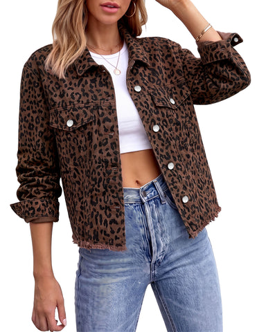 GRAPENT Leopard Jean Jacket Women Cheetah Print Stretchy Frayed Hem Jackets Long Sleeve, Turn-Down Collar, Button Up Denim Jackets, Animal Print, Raw Hem, Four Pockets, Casual Daily Wear, Fall Outfits