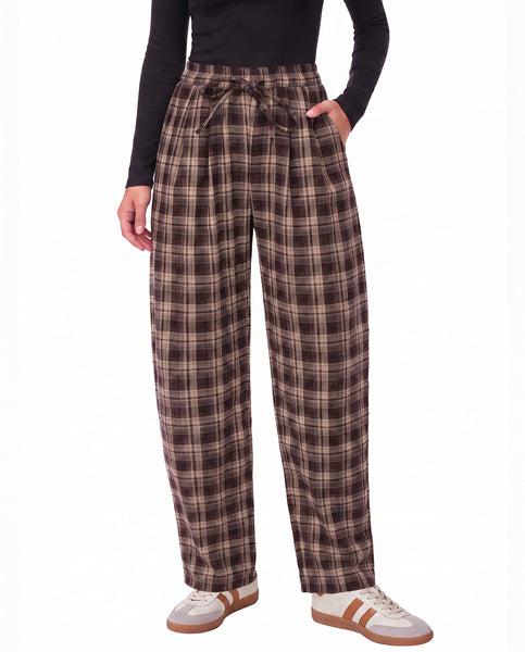GRAPENT Barrel Pants Women Trendy Plaid High Waisted Pull On Ankle Trousers | Tapered Wide Leg Style, Elastic Waist with Adjustable Drawstring, Front Pockets, Work Office, Casual Fall Street Outfits