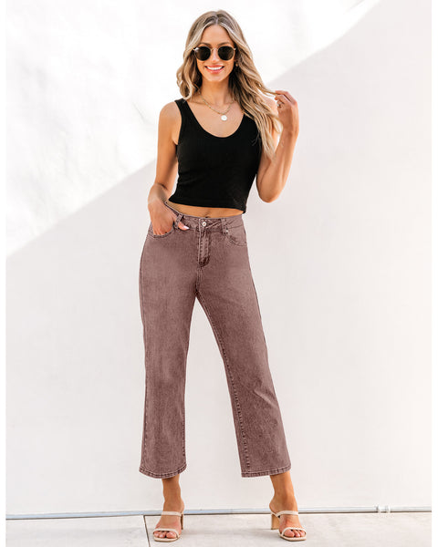 GRAPENT Jeans for Women Trendy High Waisted Baggy Straight Leg Stretchy Denim Ankle Pants Cropped Jeans with Pockets