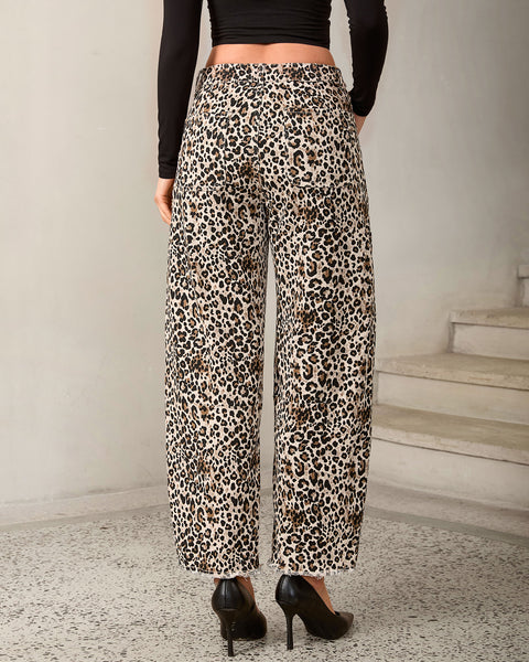 GRAPENT Leopard Barrel Jeans Women High Rise Frayed Hem Cheetah Print Pants | Adjustable Cinched Waist, Ankle Length, 28" Inseam, High Waisted, Leopard Print, Country Concert Outfits, Casual Work Wear