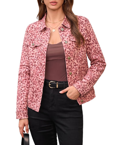 GRAPENT Leopard Cheetah Print Jean Jacket Women Casual Denim Trucker Jacket Stretchy Denim Jacket, Animal Print, Button Down, Long Sleeve, Side Pockets, Western Outfit, Fall Outfits for Women