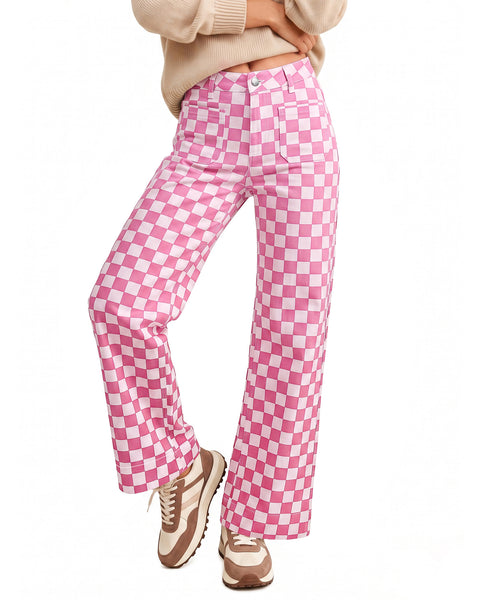 GRAPENT Women's Wide Leg Jeans High Waisted Trendy Stretchy Checkered Pants Checkerboard Print, High Rise, Wide-Leg Cut, Front Patch Pockets, Stretch Denim Pants, Weekend Casual, Classic Retro Style