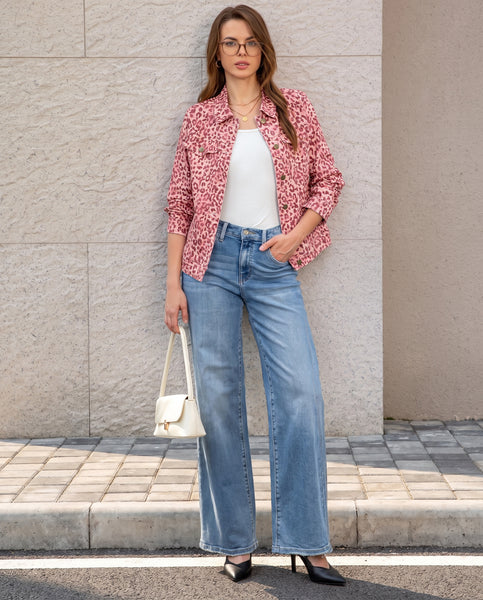 GRAPENT Leopard Cheetah Print Jean Jacket Women Casual Denim Trucker Jacket Stretchy Denim Jacket, Animal Print, Button Down, Long Sleeve, Side Pockets, Western Outfit, Fall Outfits for Women
