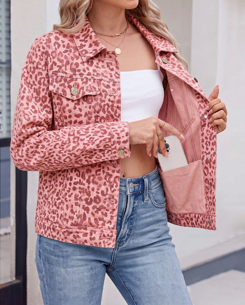 GRAPENT Leopard Cheetah Print Jean Jacket Women Casual Denim Trucker Jacket Stretchy Denim Jacket, Animal Print, Button Down, Long Sleeve, Side Pockets, Western Outfit, Fall Outfits for Women