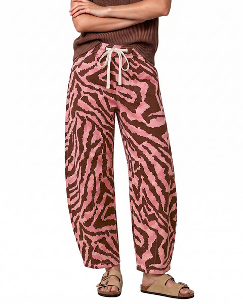 GRAPENT Barrel Jeans for Women High Waisted Pull On Baggy Zebra Print Pants | Curved Barrel-Leg Silhouette, Drawstring Elastic Waist, Stretchy Denim, 27'' Inseam, Cropped Jeans, Loose Fit, Weekend Casual