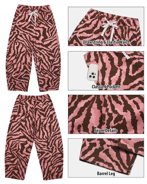 GRAPENT Barrel Jeans for Women High Waisted Pull On Baggy Zebra Print Pants | Curved Barrel-Leg Silhouette, Drawstring Elastic Waist, Stretchy Denim, 27'' Inseam, Cropped Jeans, Loose Fit, Weekend Casual