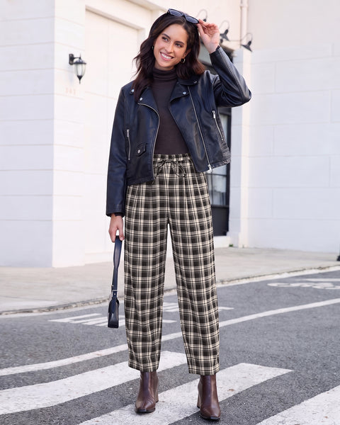 GRAPENT Barrel Pants Women Trendy Plaid High Waisted Pull On Ankle Trousers | Tapered Wide Leg Style, Elastic Waist with Adjustable Drawstring, Front Pockets, Work Office, Casual Fall Street Outfits