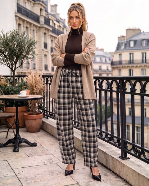 GRAPENT Barrel Pants Women Trendy Plaid High Waisted Pull On Ankle Trousers | Tapered Wide Leg Style, Elastic Waist with Adjustable Drawstring, Front Pockets, Work Office, Casual Fall Street Outfits