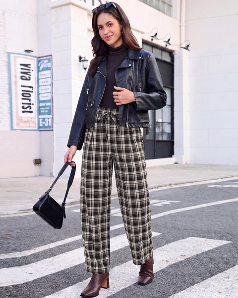 GRAPENT Barrel Pants Women Trendy Plaid High Waisted Pull On Ankle Trousers | Tapered Wide Leg Style, Elastic Waist with Adjustable Drawstring, Front Pockets, Work Office, Casual Fall Street Outfits