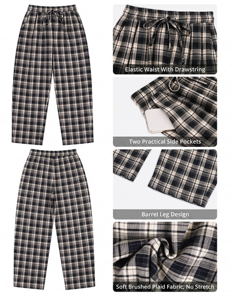GRAPENT Barrel Pants Women Trendy Plaid High Waisted Pull On Ankle Trousers | Tapered Wide Leg Style, Elastic Waist with Adjustable Drawstring, Front Pockets, Work Office, Casual Fall Street Outfits