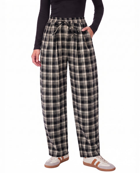 GRAPENT Barrel Pants Women Trendy Plaid High Waisted Pull On Ankle Trousers | Tapered Wide Leg Style, Elastic Waist with Adjustable Drawstring, Front Pockets, Work Office, Casual Fall Street Outfits