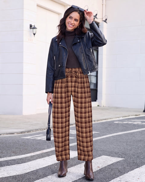 GRAPENT Barrel Pants Women Trendy Plaid High Waisted Pull On Ankle Trousers | Tapered Wide Leg Style, Elastic Waist with Adjustable Drawstring, Front Pockets, Work Office, Casual Fall Street Outfits