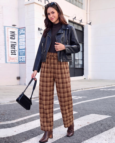 GRAPENT Barrel Pants Women Trendy Plaid High Waisted Pull On Ankle Trousers | Tapered Wide Leg Style, Elastic Waist with Adjustable Drawstring, Front Pockets, Work Office, Casual Fall Street Outfits