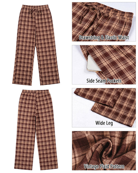 GRAPENT Plaid Pants for Women Wide Leg Elastic Waist Baggy Pull On Trousers | Tartan Pattern, High Waisted with Adjustable Drawstring, Casual Pants with Pockets, Relaxed Fit, For Daily Wear, Fall Outfits