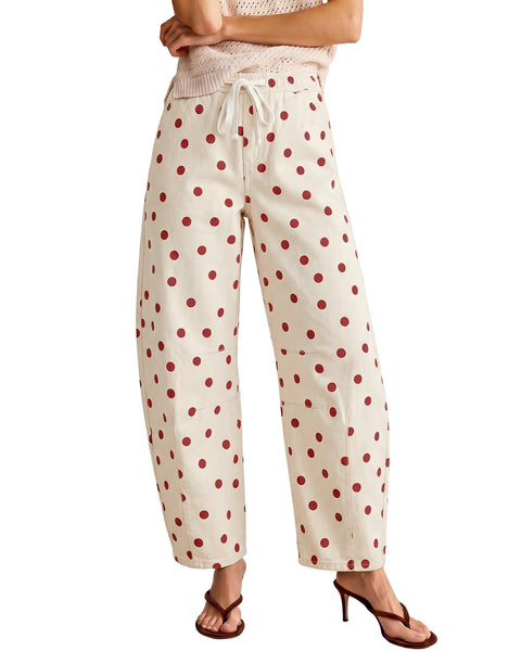 GRAPENT Barrel Womens Jeans High Rise Polka Dot Pull On Stretch Denim Pants | Cropped Jeans for Women, Elastic Waist with Drawstring, High Waisted, 27 Inch Inseam, Dressy Casual Outfit, Casual Daily Wear