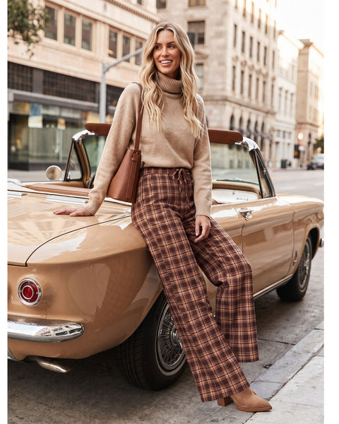 GRAPENT Plaid Pants for Women Wide Leg Elastic Waist Baggy Pull On Trousers | Tartan Pattern, High Waisted with Adjustable Drawstring, Casual Pants with Pockets, Relaxed Fit, For Daily Wear, Fall Outfits