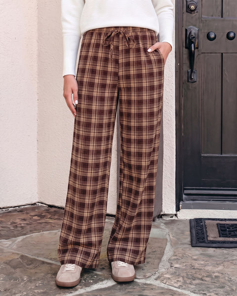 GRAPENT Plaid Pants for Women Wide Leg Elastic Waist Baggy Pull On Trousers | Tartan Pattern, High Waisted with Adjustable Drawstring, Casual Pants with Pockets, Relaxed Fit, For Daily Wear, Fall Outfits