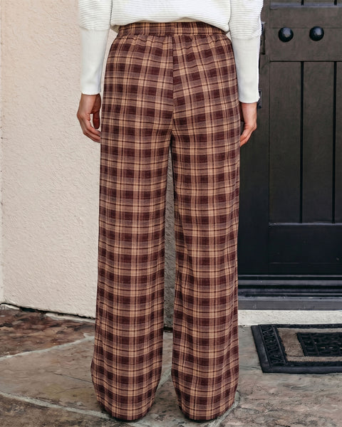GRAPENT Plaid Pants for Women Wide Leg Elastic Waist Baggy Pull On Trousers | Tartan Pattern, High Waisted with Adjustable Drawstring, Casual Pants with Pockets, Relaxed Fit, For Daily Wear, Fall Outfits