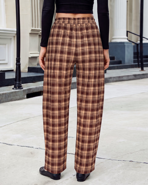 GRAPENT Barrel Pants Women Trendy Plaid High Waisted Pull On Ankle Trousers | Tapered Wide Leg Style, Elastic Waist with Adjustable Drawstring, Front Pockets, Work Office, Casual Fall Street Outfits