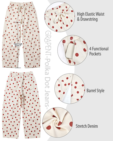 GRAPENT Barrel Womens Jeans High Rise Polka Dot Pull On Stretch Denim Pants | Cropped Jeans for Women, Elastic Waist with Drawstring, High Waisted, 27 Inch Inseam, Dressy Casual Outfit, Casual Daily Wear
