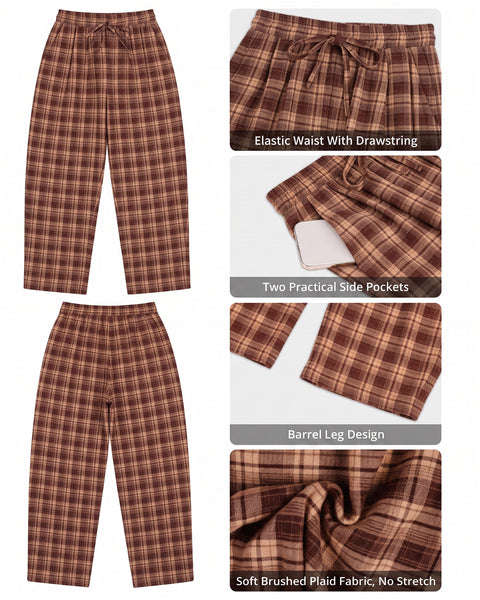 GRAPENT Barrel Pants Women Trendy Plaid High Waisted Pull On Ankle Trousers | Tapered Wide Leg Style, Elastic Waist with Adjustable Drawstring, Front Pockets, Work Office, Casual Fall Street Outfits