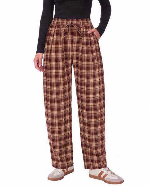 GRAPENT Barrel Pants Women Trendy Plaid High Waisted Pull On Ankle Trousers | Tapered Wide Leg Style, Elastic Waist with Adjustable Drawstring, Front Pockets, Work Office, Casual Fall Street Outfits