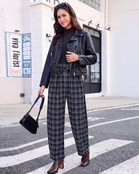 GRAPENT Barrel Pants Women Trendy Plaid High Waisted Pull On Ankle Trousers | Tapered Wide Leg Style, Elastic Waist with Adjustable Drawstring, Front Pockets, Work Office, Casual Fall Street Outfits