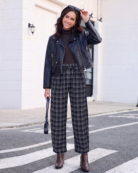 GRAPENT Barrel Pants Women Trendy Plaid High Waisted Pull On Ankle Trousers | Tapered Wide Leg Style, Elastic Waist with Adjustable Drawstring, Front Pockets, Work Office, Casual Fall Street Outfits