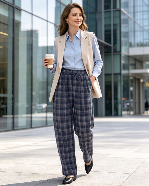 GRAPENT Barrel Pants Women Trendy Plaid High Waisted Pull On Ankle Trousers | Tapered Wide Leg Style, Elastic Waist with Adjustable Drawstring, Front Pockets, Work Office, Casual Fall Street Outfits