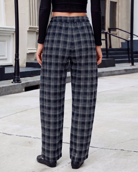 GRAPENT Barrel Pants Women Trendy Plaid High Waisted Pull On Ankle Trousers | Tapered Wide Leg Style, Elastic Waist with Adjustable Drawstring, Front Pockets, Work Office, Casual Fall Street Outfits