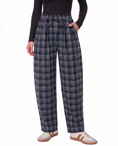 GRAPENT Barrel Pants Women Trendy Plaid High Waisted Pull On Ankle Trousers | Tapered Wide Leg Style, Elastic Waist with Adjustable Drawstring, Front Pockets, Work Office, Casual Fall Street Outfits