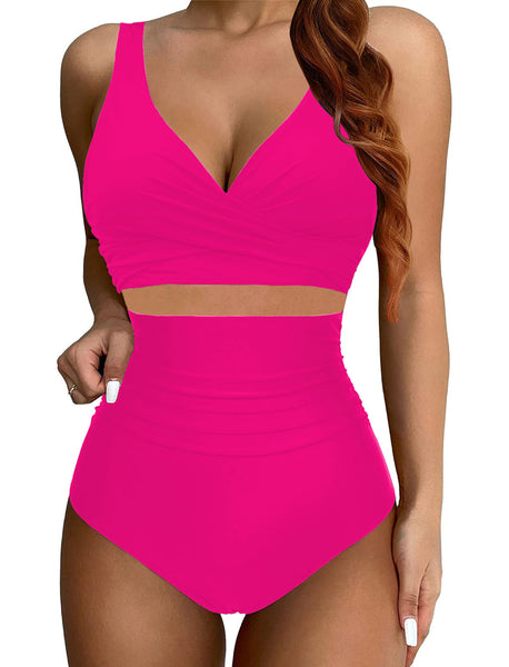GRAPENT High Waisted Bikini Sets for Women Twist Front Tie Back 2 Piece Bathing Suit V Neck Ruched Swimsuits Bikinis