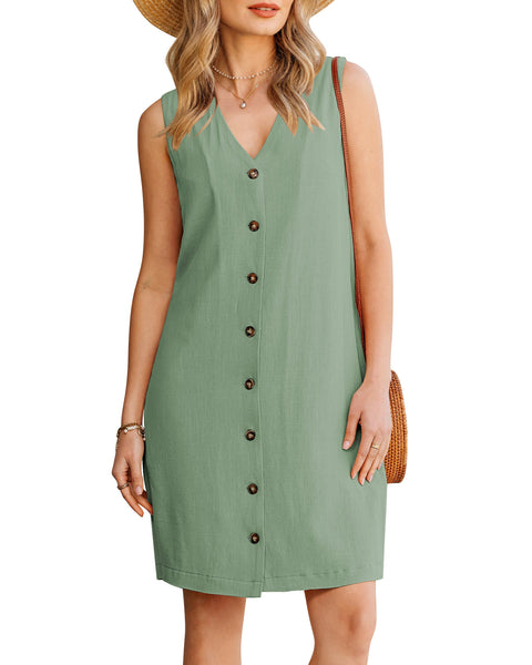 GPAPENT Linen Dresses for Women Summer Casual Sleeveless Button Down V Neck Pocket Self Tie Knee Length Loose Sun Dress