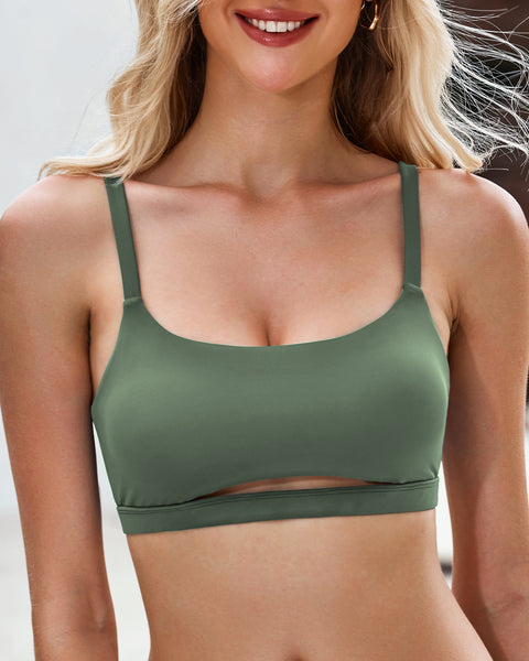 GRAPENT Bikini Tops for Women Cropped Tankini Tops Beach Padded Cut Out Adjustable Spaghetti Straps Swimwear Top Only