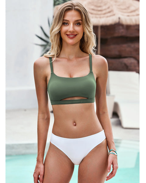 GRAPENT Bikini Tops for Women Cropped Tankini Tops Beach Padded Cut Out Adjustable Spaghetti Straps Swimwear Top Only