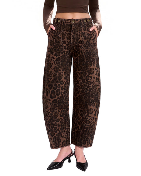 GRAPENT Leopard Barrel Jeans Women High Rise Frayed Hem Cheetah Print Pants | Adjustable Cinched Waist, Ankle Length, 28" Inseam, High Waisted, Leopard Print, Country Concert Outfits, Casual Work Wear