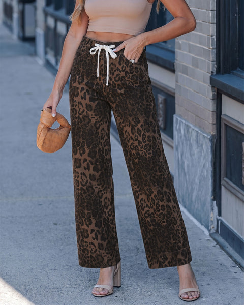 GRAPENT Leopard Jeans for Women Wide Leg High Waisted Cheetah Print Pants | High Rise, Drawstring Waist, Loose Straight Leg, Leopard Print Denim Pants, 28'' Inseam, Fit for Dressy Casual, Everyday Wear