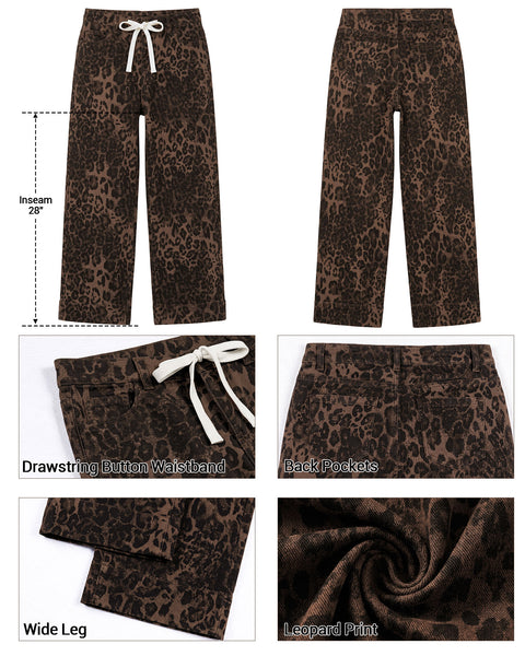 GRAPENT Leopard Jeans for Women Wide Leg High Waisted Cheetah Print Pants | High Rise, Drawstring Waist, Loose Straight Leg, Leopard Print Denim Pants, 28'' Inseam, Fit for Dressy Casual, Everyday Wear