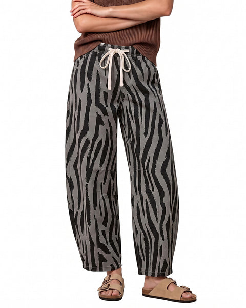 GRAPENT Barrel Jeans for Women High Waisted Pull On Baggy Zebra Print Pants | Curved Barrel-Leg Silhouette, Drawstring Elastic Waist, Stretchy Denim, 27'' Inseam, Cropped Jeans, Loose Fit, Weekend Casual