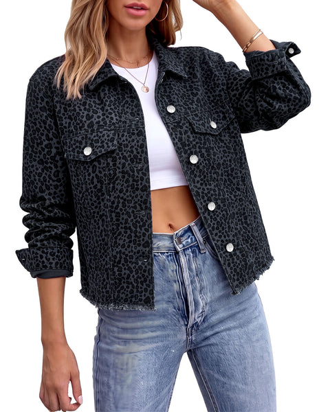 GRAPENT Leopard Jean Jacket Women Cheetah Print Stretchy Frayed Hem Jackets Long Sleeve, Turn-Down Collar, Button Up Denim Jackets, Animal Print, Raw Hem, Four Pockets, Casual Daily Wear, Fall Outfits