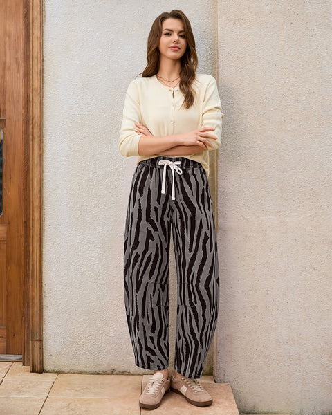 GRAPENT Barrel Jeans for Women High Waisted Pull On Baggy Zebra Print Pants | Curved Barrel-Leg Silhouette, Drawstring Elastic Waist, Stretchy Denim, 27'' Inseam, Cropped Jeans, Loose Fit, Weekend Casual