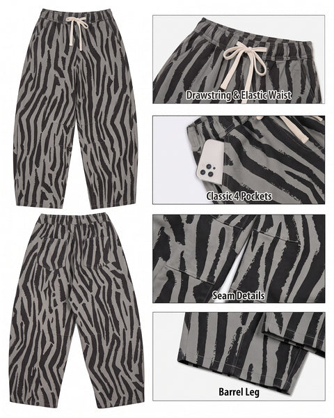 GRAPENT Barrel Jeans for Women High Waisted Pull On Baggy Zebra Print Pants | Curved Barrel-Leg Silhouette, Drawstring Elastic Waist, Stretchy Denim, 27'' Inseam, Cropped Jeans, Loose Fit, Weekend Casual